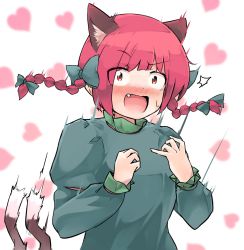Rule 34 | 1girl, animal ears, blunt bangs, blush, bow, braid, cat ears, cat tail, dress, embarrassed, extra ears, fang, ginnkei, green dress, hair bow, hands up, heart, heart background, highres, juliet sleeves, kaenbyou rin, long sleeves, nekomata, nose blush, open mouth, puffy sleeves, raised eyebrow, red eyes, red hair, sanpaku, scared, simple background, solo, tail, touhou, twin braids, white background