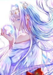 Rule 34 | 1girl, akirannu, blue eyes, blue hair, bow, colored eyelashes, commentary request, crystal ball, floating hair, from behind, hair between eyes, hair intakes, hand up, highres, holding, japanese clothes, kimono, long hair, long sleeves, off shoulder, original, parted lips, red bow, silver hair, simple background, solo, upper body, very long hair, white background, white kimono, wide sleeves