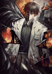 Rule 34 | 1boy, absurdres, black hair, black shirt, blouse, coat, fire, glass shards, highres, lab coat, limbus company, multicolored hair, non-web source, pants, project moon, robotree 1, shirt, two-tone hair, white coat, yellow eyes, yi sang (project moon)