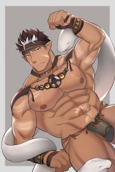 Rule 34 | 1boy, abs, arm tattoo, bara, black male underwear, brown hair, bulge, cowboy shot, facial hair, highres, large pectorals, loincloth, long sideburns, male focus, male underwear, multicolored hair, muscular, muscular male, navel, nipples, opqrald, pectorals, short hair, sideburns, snake, solo, spiked hair, stomach, stomach tattoo, stubble, tangaroa (housamo), tattoo, thick thighs, thighs, tokyo houkago summoners, tribal, tribal tattoo, two-tone hair, underwear, underwear only, white hair, white snake, yellow eyes