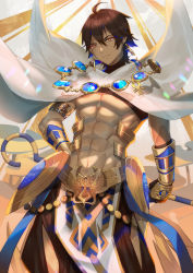 Rule 34 | 1boy, abs, ahoge, balusah, bare pectorals, black gloves, brown hair, cape, dark skin, dark-skinned male, egyptian, egyptian clothes, fate/grand order, fate/prototype, fate/prototype: fragments of blue and silver, fate (series), gauntlets, gloves, hair between eyes, holding, holding staff, jewelry, light smile, looking down, male focus, muscular, necklace, ozymandias (fate), pectorals, topless male, shrug (clothing), smile, solo, staff, standing, white cape, yellow eyes