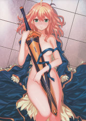 Rule 34 | 1girl, absurdres, ahoge, aqua eyes, areola slip, artoria pendragon (all), artoria pendragon (fate), bare arms, bare shoulders, blonde hair, blush, breasts, censored, censored nipples, unworn clothes, collarbone, convenient censoring, excalibur (fate/stay night), fate/stay night, fate (series), highres, holding, looking at viewer, lying, medium breasts, medium hair, nude, on back, parted lips, saber (fate), saitou masatsugu, scan, shadow, sheath, sheathed, shiny skin, simple background, solo, sword, thighs, weapon
