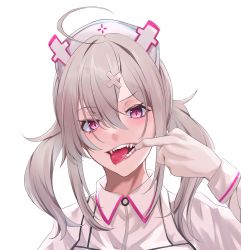 Rule 34 | 1girl, absurdres, ahoge, blush, collared dress, commentary request, dress, fangs, finger in own mouth, gloves, grey hair, hair between eyes, hair ornament, hat, highres, long hair, looking at viewer, mouth pull, nijisanji, nurse cap, red eyes, saliva, sharp teeth, sidelocks, simple background, solo, sukoya kana, teeth, tongue, tongue out, twintails, upper body, virtual youtuber, white background, white dress, white gloves, white hat, x hair ornament, yuki maccha (yukimattya10)