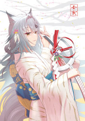 Rule 34 | 1girl, absurdres, ahoge, alternate costume, alternate hairstyle, animal ear fluff, animal ears, arknights, back bow, bare tree, blue bow, blush, bow, braid, branch, cleaning, cleaning weapon, commentary request, flower, hair between eyes, hair ornament, highres, holding, holding sword, holding weapon, japanese clothes, kimono, lappland (arknights), long hair, long sleeves, obi, parted lips, purple flower, ribbon, sash, silver hair, smile, solo, sword, tree, very long hair, weapon, white kimono, wide sleeves, wolf ears, yellow eyes, yuu (yuu yu)