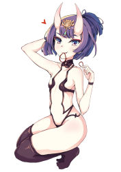 Rule 34 | 1girl, arm behind head, arm up, bare shoulders, blush, breasts, brown thighhighs, collarbone, fang, fate/grand order, fate (series), fingernails, full body, hair tie, hair tie in mouth, headpiece, heart, high ponytail, horns, looking at viewer, mouth hold, nakatokung, no shoes, oni, parted lips, ponytail, purple eyes, purple hair, revealing clothes, shuten douji (fate), simple background, skin-covered horns, small breasts, solo, squatting, thighhighs, white background