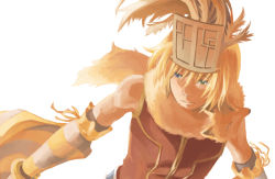 Rule 34 | 1boy, animal, animal around neck, bangle, blonde hair, blue eyes, bracelet, closed mouth, commentary request, crown, detached sleeves, expressionless, feathers, fox, jewelry, looking to the side, male focus, natsuya (kuttuki), professor (ragnarok online), ragnarok online, red shirt, shirt, short hair, simple background, sleeveless, sleeveless shirt, solo, striped sleeves, upper body, white background, white sleeves, yellow sleeves