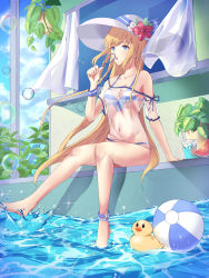 Rule 34 | 1girl, :o, absurdres, anklet, ball, barefoot, beachball, bikini, blonde hair, blue eyes, blue sky, breasts, bubble, blowing bubbles, cleavage, collarbone, cup, curtains, day, drinking glass, drinking straw, flower, food, fruit, glass, hat, hat flower, highres, huge filesize, ice, ice cube, jewelry, long hair, michelan, navel, original, plant, pool, potted plant, rubber duck, see-through, see-through shirt, sitting, sky, small breasts, solo, splashing, striped bikini, striped clothes, summer, sun hat, swimsuit, very long hair, watermelon, watermelon slice, window, wrist cuffs