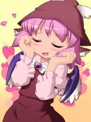 Rule 34 | 1girl, animal ears, blush, brooch, closed eyes, female focus, gradient background, hat, heart, heart in mouth, jewelry, mystia lorelei, open mouth, pink hair, short hair, simple background, smile, solo, touhou, upper body, wings, you naka