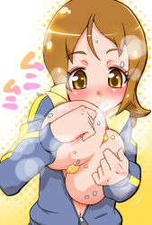Rule 34 | 10s, 1girl, blush, breasts, breasts out, brown hair, female focus, food, happinesscharge precure!, iruka-margarine, large breasts, navel, oomori yuuko, precure, sexually suggestive, smile, solo, steam, sweat, track suit, unzipped