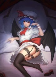 Rule 34 | 1girl, ascot, ass, bat wings, bed, black panties, black thighhighs, blue hair, breasts, dress, fingernails, garter straps, hand in own hair, hat, high heels, highres, lace, lace-trimmed legwear, lace-trimmed panties, lace trim, long fingernails, lying, minami koyogi, mob cap, nail polish, on side, panties, pillow, red eyes, red footwear, red nails, remilia scarlet, ribbon-trimmed dress, shoes, unworn shoes, short sleeves, slit pupils, small breasts, smile, solo, thigh strap, thighhighs, thighs, touhou, underwear, white dress, wings, wrist cuffs