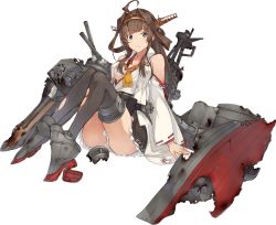 Rule 34 | 1girl, ahoge, bare shoulders, black thighhighs, blush, boots, breasts, brown hair, cannon, detached sleeves, double bun, frilled skirt, frills, frown, full body, hair bun, hair ornament, hairband, headgear, high heels, japanese clothes, kantai collection, kongou (kancolle), kongou kai ni (kancolle), konishi (koconatu), large breasts, long hair, no bra, nontraditional miko, official art, open mouth, panties, ribbon, ribbon-trimmed sleeves, ribbon trim, sash, skirt, solo, thigh boots, thighhighs, torn clothes, torn thighhighs, torpedo launcher, transparent background, turret, underwear, white panties, wreckage, zettai ryouiki