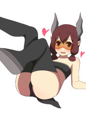 Rule 34 | 1girl, :d, absurdres, bad id, bad pixiv id, bandeau, bare arms, bare shoulders, black bandeau, black footwear, black panties, black thighhighs, blush, boots, brown eyes, brown hair, collarbone, hair between eyes, hair tie, heart, highres, horns, looking at viewer, lying, on back, open mouth, original, panties, pointy ears, sidelocks, simple background, smile, solo, surio, tail, teeth, thigh boots, thighhighs, underwear, upper teeth only, white background