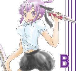 Rule 34 | 1girl, :d, black footwear, breasts, dual wielding, gensou suikoden, gensou suikoden v, headband, holding, knife, large breasts, looking at viewer, lowres, miakis (suikoden), navel, open mouth, puffy shorts, purple eyes, purple hair, shirt, shoes, shorts, smile, solo, white shirt