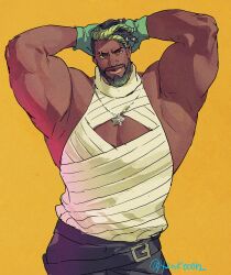 Rule 34 | 1boy, 42nkooon, arms behind head, bara, bare arms, beard, black hair, come hither, cowboy shot, dark-skinned male, dark skin, dreadlocks, earrings, facial hair, heartsteel k&#039;sante, jewelry, k&#039;sante (league of legends), large pectorals, league of legends, looking at viewer, male focus, mature male, muscular, muscular male, necklace between pecs, official alternate costume, official alternate hairstyle, pectoral cleavage, pectorals, seductive smile, shirt, short hair, sleeveless, sleeveless shirt, smile, solo, strongman waist, thick eyebrows, two-tone beard, very dark skin, yellow background