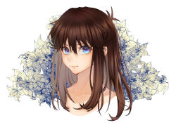 Rule 34 | 1girl, ayan ip, blue eyes, brown hair, closed mouth, collarbone, commentary request, creatures (company), cropped shoulders, flower, game freak, green (pokemon), hair between eyes, highres, long hair, looking at viewer, nintendo, no bra, pokemon, pokemon adventures, portrait, sidelocks, solo, topless frame, upper body, white background