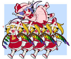 Rule 34 | &gt;:d, &gt; &lt;, 5girls, :d, > <, arms up, ascot, bat wings, blonde hair, blue hair, carrying, eichi yuu, closed eyes, fang, female focus, flandre scarlet, four of a kind (touhou), hat, hat ribbon, heart, mob cap, multiple girls, open mouth, pointy ears, puffy sleeves, red eyes, remilia scarlet, ribbon, running, shirt, short sleeves, siblings, sisters, skirt, smile, touhou, v-shaped eyebrows, vest, wings, xd