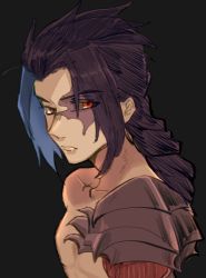 Rule 34 | 1boy, armor, black background, black hair, blue hair, closed mouth, collarbone, eyes visible through hair, kayn (league of legends), league of legends, long hair, looking at viewer, male focus, multicolored hair, pauldrons, red eyes, scar, scar on face, shoulder armor, simple background, single pauldron, solo, tarou (natyou), upper body