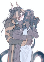 Rule 34 | 1boy, 1girl, absurdres, arknights, arm around neck, arm around waist, black coat, black gloves, blush, brown coat, brown hair, chong yue (arknights), closed eyes, coat, collared coat, colored extremities, cowboy shot, doctor (arknights), dragon boy, dragon horns, dragon tail, earrings, facing another, female doctor (arknights), gloves, gradient hair, grin, half gloves, hands up, hetero, highres, hood, hood up, hooded coat, horns, jewelry, long hair, long tail, low ponytail, mask, multicolored hair, open clothes, open coat, pointy ears, simple background, single glove, single sleeve, smile, standing, streaked hair, tail, walhee221, white background