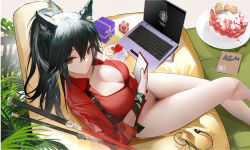Rule 34 | 1girl, animal ears, arknights, birthday cake, black hair, blouse, bottomless, breasts, cake, casual nudity, cellphone, cleavage, closed mouth, computer, couch, earphones, female pubic hair, food, from above, gift, groin, hair between eyes, holding, holding phone, laptop, large breasts, long hair, notebook, omone hokoma agm, phone, plate, ponytail, pubic hair, red eyes, red shirt, shirt, sitting, smartphone, solo, sword, texas (arknights), thighs, weapon, wolf ears, wolf girl