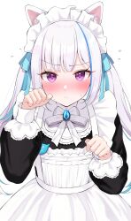 Rule 34 | 1girl, absurdres, animal ear fluff, animal ears, blue hair, blue ribbon, blush, cat ears, closed mouth, commentary request, hair ribbon, highres, lize helesta, lize helesta (9th costume), long hair, long sleeves, looking at viewer, maid, maid headdress, mugino0515, multicolored hair, neck ribbon, nijisanji, paw pose, purple eyes, ribbon, simple background, solo, streaked hair, sweat, virtual youtuber, white background, white hair, white ribbon