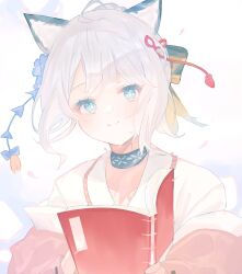 Rule 34 | 1girl, animal ears, arknights, blue eyes, blue flower, blush, book, cat ears, cat girl, commentary, flower, flower knot, hair flower, hair ornament, hair up, head tilt, highres, holding, holding book, infection monitor (arknights), jacket, looking at viewer, mint (arknights), mint (tsukiyoi) (arknights), off shoulder, official alternate costume, official alternate hairstyle, pink jacket, shirt, simple background, smile, solo, tochi (tochitochi2523), upper body, white background, white hair, white shirt