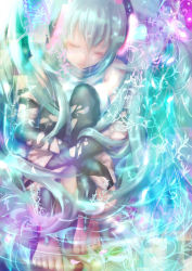 Rule 34 | 1girl, absurdres, aqua hair, barefoot, elbow gloves, closed eyes, female focus, fingerless gloves, gloves, hatsune miku, hatsune miku (append), highres, hugging own legs, long hair, sasamoto roco, solo, torn clothes, twintails, very long hair, vocaloid, vocaloid append