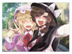 Rule 34 | 2girls, :d, black capelet, black headwear, blonde hair, blush, bow, breasts, brown hair, capelet, dress, hat, hat bow, long hair, looking at viewer, maribel hearn, mob cap, multiple girls, open mouth, outdoors, purple dress, selfie, short hair, signature, smile, sssmzk, touhou, usami renko, white bow