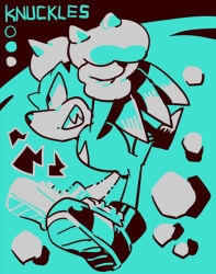 Rule 34 | 1boy, animal nose, aoki (fumomo), arms up, blue background, blue theme, character name, clenched hands, color guide, english text, from side, full body, furry, furry male, gloves, grin, happy, knuckles the echidna, long hair, male focus, monochrome, outstretched arms, profile, sharp teeth, shoes, sideways mouth, sketch, smile, snout, solo, sonic (series), spiked gloves, tail, teeth