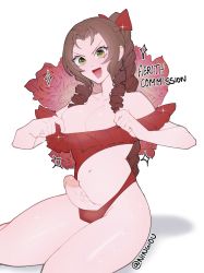 Rule 34 | 1futa, aerith gainsborough, artist name, bow, breasts, brown hair, center opening, clothes pull, commission, dress, excited, final fantasy, final fantasy vii, flower, frilled swimsuit, frills, futanari, green eyes, hair intakes, highres, kyou (ningiou), large breasts, long hair, one-piece swimsuit, one-piece swimsuit pull, open mouth, penis out, red one-piece swimsuit, ribbon, signature, sitting, solo, swimsuit