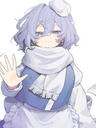 Rule 34 | 1girl, apron, blue eyes, blue vest, blush, closed mouth, frilled apron, frills, fringe trim, garasuno, hair between eyes, hat, highres, letty whiterock, long sleeves, looking at viewer, purple hair, scarf, short hair, simple background, smile, solo, touhou, upper body, vest, waist apron, white apron, white background, white hat, white scarf