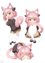 Rule 34 | 1girl, :d, ahoge, animal ear fluff, animal ears, anya (spy x family), black dress, black footwear, blush, cat ears, cat girl, cat tail, closed eyes, clothing cutout, dress, fang, female focus, full body, green eyes, hairpods, highres, kemonomimi mode, knees up, leaning forward, long sleeves, lying, mary janes, multiple views, on side, open mouth, pink hair, ryota (ry o ta), shoes, short hair, signature, simple background, sitting, skin fang, sleeping, smile, spy x family, standing, tail, tail through clothes, thighhighs, white background, white thighhighs