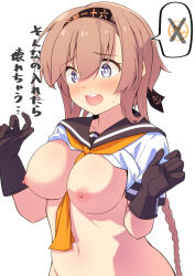 Rule 34 | 1girl, anchor symbol, between breasts, black gloves, black headband, black sailor collar, blue eyes, blush, breasts, brown hair, clothes writing, drill hair, gloves, headband, kantai collection, large breasts, long hair, neckerchief, nipples, open mouth, orange neckerchief, sailor collar, sanninme no haru, school uniform, serafuku, short sleeves, simple background, solo, teeth, teruzuki (kancolle), translation request, twin drills, upper body, upper teeth only, white background