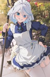 Rule 34 | 1girl, absurdres, ahoge, apron, blue eyes, blue hair, commentary, cowboy shot, dutch angle, english commentary, frilled apron, frills, furina (genshin impact), garter straps, genshin impact, grey hair, grin, hair between eyes, hand on own hip, heterochromia, highres, long sleeves, looking at viewer, maid, maid apron, maid headdress, medium hair, multicolored hair, nvl, smile, solo, teeth, thighhighs, thighs, twitter username, white apron