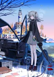 1girl absurdres belt black_footwear black_jacket black_shirt black_umbrella blazer car car_crash commentary commentary_request earrings english_commentary full_body green_belt grey_hair grey_skirt highres holding holding_umbrella indie_virtual_youtuber jacket jewelry looking_at_viewer medium_hair mixed-language_commentary motor_vehicle nekomugi_tororo open_clothes open_jacket outdoors panko_(drive_co) parted_lips pleated_skirt purple_eyes shirt shirt_tucked_in sidelocks skirt sky snow solo steam tassel tassel_earrings two_side_up umbrella virtual_youtuber