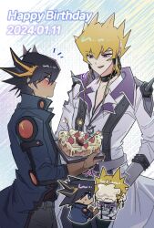 Rule 34 | 2boys, birthday cake, black hair, blonde hair, blue eyes, blush, cake, chibi, chibi inset, coat, collar, dangle earrings, earrings, english text, food, fudo yusei, gloves, happy birthday, highres, holding, holding cake, holding food, jack atlas, jacket, jewelry, korean commentary, male focus, multicolored hair, multiple boys, necklace, open mouth, ppo0ot, purple eyes, shirt, short hair, shoulder pads, shoulder spikes, simple background, smile, spiked hair, spikes, streaked hair, studded choker, studded collar, white coat, yu-gi-oh!, yu-gi-oh! 5d&#039;s