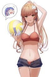Rule 34 | 1girl, anger vein, ball, beach volleyball, bikini, black shorts, blush, breasts, brown hair, cleavage, collarbone, cowboy shot, false smile, green eyes, helena (kancolle), holding, holding ball, kantai collection, long hair, medium breasts, navel, one-hour drawing challenge, open fly, open mouth, red bikini, short shorts, shorts, simple background, smile, solo, south dakota (kancolle), swimsuit, white background, yamashichi (mtseven)