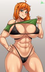 Rule 34 | 1girl, abs, absurdres, alex (minecraft), areola slip, bikini, black bikini, braid, breasts, cleft of venus, clothes lift, green eyes, highres, huge breasts, jmg, large areolae, long hair, looking at viewer, minecraft, muscular, muscular female, nipples, orange hair, paid reward available, shirt lift, side ponytail, swimsuit, thick thighs, thighs, tomboy, wide hips
