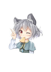 Rule 34 | 1girl, absurdres, akiteru (akiteru98), animal ears, blush, capelet, cropped torso, gem, hand up, highres, jewelry, looking at viewer, mouse ears, mouth hold, nazrin, necklace, one eye closed, red eyes, shirt, short hair, silver hair, simple background, smile, solo, touhou, v, vest, white background, white shirt