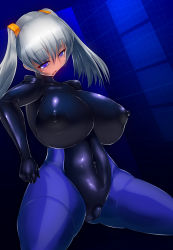 Rule 34 | 1girl, breasts, bulge, covered erect nipples, flaccid, futanari, highres, hip focus, huge breasts, latex, nipples, open mouth, penis, plump, purple eyes, silver hair, skin tight, solo, thick thighs, thighs, totoya, twintails, wide hips
