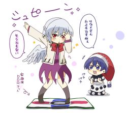 Rule 34 | +++, :3, barefoot, blue eyes, blue hair, blush, bow, bowtie, braid, clapping, commentary, dance dance revolution, dancing, doremy sweet, dress, french braid, hat, highres, jacket, kishin sagume, kneeling, nightcap, partially translated, polka dot, polka dot background, pom pom (clothes), red eyes, reference request, silver hair, simple background, single wing, socks, sparkle, thats not it, totoharu (kujirai minato), touhou, translation request, white background, wings