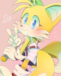 Rule 34 | 1girl, animal nose, belt, blue eyes, blush, closed mouth, flying sweatdrops, fox girl, furry, furry female, genderswap, genderswap (mtf), gloves, holding, holding screwdriver, looking at viewer, misuta710, mixed-language commentary, multiple tails, overalls, screwdriver, sega, smile, solo, sonic (series), tail, tails (sonic), two tails, v, white gloves