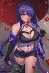 Rule 34 | 1girl, acheron (honkai: star rail), black gloves, breasts, cleavage, commentary, cowboy shot, elbow gloves, exlic, flower, gloves, hair over one eye, highres, holding, holding umbrella, honkai: star rail, honkai (series), large breasts, leg tattoo, long hair, looking at viewer, midriff, navel, purple eyes, purple hair, rain, red flower, red umbrella, scabbard, sheath, single bare shoulder, smile, solo, standing, tattoo, thighs, umbrella, very long hair