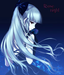 Rule 34 | 1girl, blunt bangs, bow, dress, female focus, flower, from behind, gloves, hair bow, long hair, looking back, night, profile, red eyes, rose, shirahane nao, solo, white hair, wind