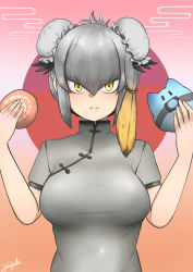 Rule 34 | 1girl, alternate costume, blonde hair, breasts, bun cover, china dress, chinese clothes, commentary, double bun, dress, food, frown, grey dress, grey hair, hair between eyes, hair bun, highres, japari bun, john (a2556349), kemono friends, looking at viewer, lucky beast (kemono friends), medium breasts, multicolored hair, shoebill (kemono friends), short hair, short sleeves, signature, single sidelock, solo, split mouth, straight-on, upper body, yellow eyes