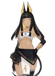 Rule 34 | 1girl, alt text, animal ears, anubis (kemono friends) (saika ryougi), arm at side, armlet, black hair, blunt bangs, bracer, closed mouth, commentary, egyptian clothes, elbow gloves, english commentary, gloves, halterneck, hand on own hip, jackal ears, jackal tail, jewelry, kemono friends, kemono friends opening day, long hair, navel, original, saika ryougi, second-party source, simple background, skirt, smile, solo, stomach, strapless, tail, tan, tiara, tube top, white background, yellow eyes