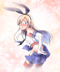 Rule 34 | 10s, 1girl, black panties, blonde hair, blue eyes, blush, elbow gloves, gloves, hairband, kantai collection, long hair, looking at viewer, magenta (atyana), panties, personification, shimakaze (kancolle), skirt, solo, striped clothes, striped thighhighs, thighhighs, thong, underwear, undressing, white gloves