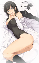 Rule 34 | 1girl, :d, amagami, ass, bare shoulders, bed sheet, black bow, black hair, black hairband, black jacket, black one-piece swimsuit, black socks, blue eyes, bow, unworn bow, breasts, commentary request, competition swimsuit, covered navel, feet out of frame, from above, hairband, hand on own chest, hand on own face, highres, jacket, unworn jacket, kneehighs, large breasts, long hair, long sleeves, lying, morishima haruka, off shoulder, on bed, on side, one-piece swimsuit, open clothes, open mouth, open shirt, serizawa (serizawaroom), shirt, sidelocks, smile, socks, solo, swimsuit, thighs, white shirt