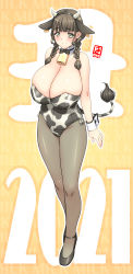 Rule 34 | 1girl, 2021, animal ears, animal print, bare shoulders, black bow, black footwear, blunt bangs, bow, bowtie, braid, breasts, brown hair, chinese zodiac, cleavage, closed mouth, collar, cow ears, cow horns, cow print, cow tail, cowbell, cuffs, curvy, detached collar, english text, fake animal ears, fake horns, full body, green eyes, hairband, happy new year, high heels, highres, horns, huge breasts, leotard, looking at viewer, magaki ryouta, medium hair, new year, original, pantyhose, sidelocks, signature, smile, solo, standing, tail, twin braids, year of the ox, yellow background