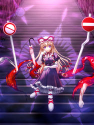 Rule 34 | 1girl, bad id, bad pixiv id, blonde hair, crossed legs, dress, elbow gloves, female focus, full body, gap (touhou), gloves, guro, hat, highres, limbs, long hair, looking at viewer, mob cap, no entry sign, petticoat, puffy short sleeves, puffy sleeves, purple dress, purple eyes, ribbon, road closed to vehicles sign, road sign, short sleeves, sign, sitting, sitting on stairs, solo, stairs, totokichi, touhou, umbrella, white footwear, white gloves, white umbrella, yakumo yukari