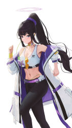 Rule 34 | 1girl, absurdres, black hair, black pants, blue archive, blush, breasts, cleavage, closed mouth, feet out of frame, fieryonion, hair ornament, hair scrunchie, halo, high ponytail, highres, jacket, large breasts, long hair, long sleeves, looking at viewer, navel, open clothes, open jacket, pants, purple eyes, purple halo, purple scrunchie, scrunchie, simple background, smile, solo, sumire (blue archive), white background, white jacket